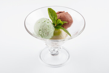 Three balls of ice cream in a transparent glass