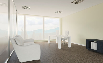 Front view of an office interior with a row of dark wood tables. 3D rendering.