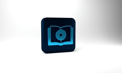 Blue Audio book icon isolated on grey background. Play button and book. Audio guide sign. Online learning concept. Blue square button. 3d illustration 3D render