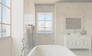 Scandinavian bathroom, classic  vintage interior design. 3D rendering.. Mockup.   Empty paintings