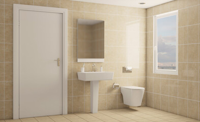 Naklejka na ściany i meble Spacious bathroom in gray tones with heated floors, freestanding tub. 3D rendering.