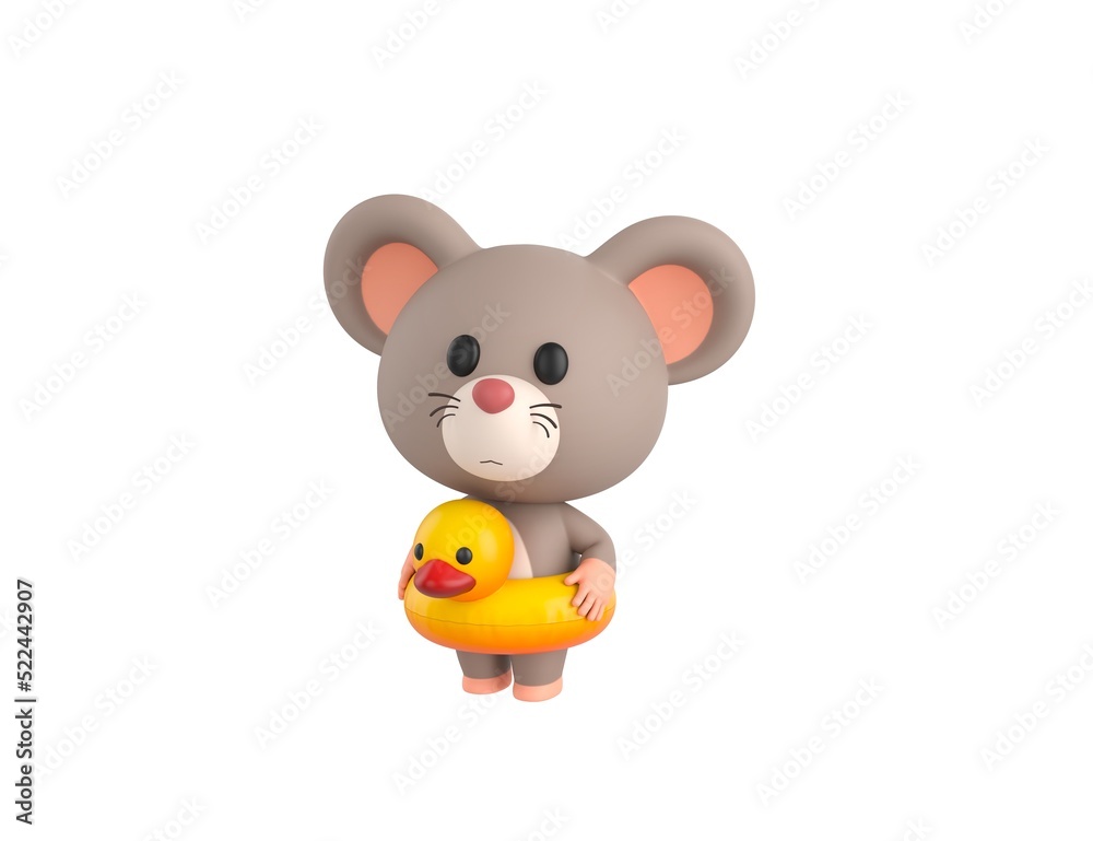 Wall mural little rat character with inflatable duck ring in 3d rendering.