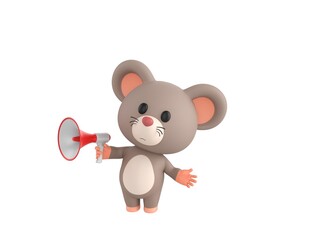 Little Rat character talking in megaphone in 3d rendering.