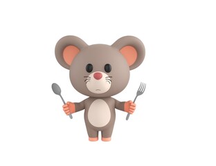 Fototapeta premium Little Rat character holding fork and spoon in 3d rendering.