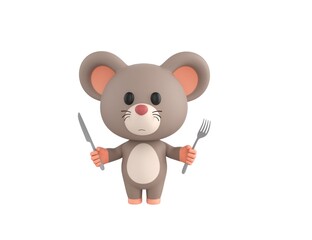 Little Rat character holding cutlery in 3d rendering.