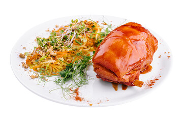 Barbecued ribs and vegetables on white background