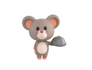 Little Rat character serving a meal under a silver cloche or dome in 3d rendering.