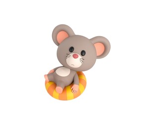 Little Rat character sitting on the inflatable ring in 3d rendering.