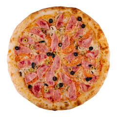 Italian fast food. delicious hot pizza with ham and champignons sliced