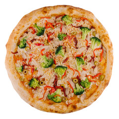 Fresh italian pizza with chicken fillet, mushrooms,broccoli, cheese on white
