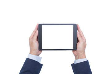 Businessman hands holding blank screen tablet computer isolated