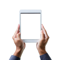 Businessman hands holding blank screen tablet computer isolated