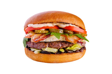 Bacon cheese burger with beef patty tomato cucumber
