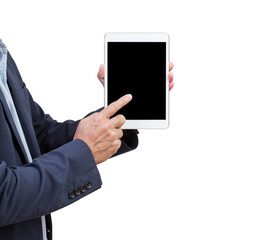 Businessman hands holding blank screen tablet computer isolated