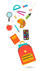 Flying school supplies isolated on white background. Back to school design elements