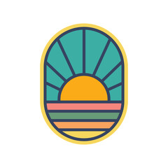 Abstract Sunset beach mountain logo badge oval  design. Template Vector illustration. Logo Sign Design Icon