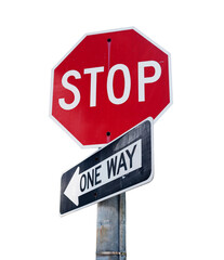 Red stop sign one way isolated