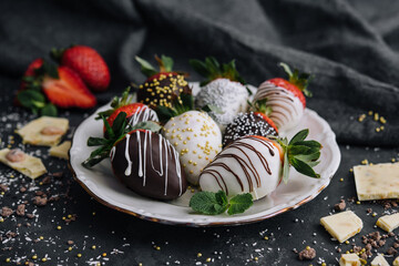 Strawberries glazed in black and white chocolate. lie on a white plate