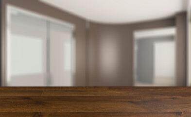 Elegant office interior. Mixed media. 3D rendering.. Background with empty wooden table. Flooring.