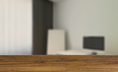 Front view of an office interior with a row of dark wood tables.. Background with empty wooden table. Flooring.