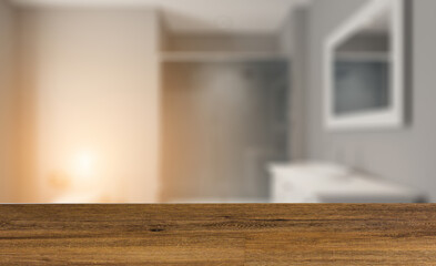 Scandinavian bathroom, classic  vintage interior design. 3D rend. Background with empty wooden table. Flooring.