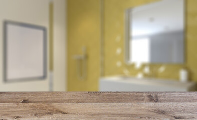 Clean and fresh bathroom with natural light. 3D rendering.. Mock. Background with empty wooden table. Flooring.