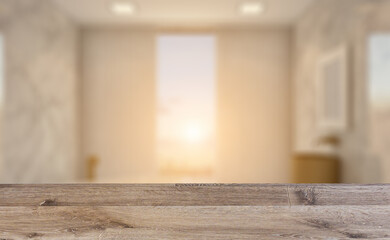 Scandinavian bathroom, classic  vintage interior design. 3D rend. Background with empty wooden table. Flooring.