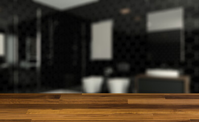 Clean and fresh bathroom with natural light. 3D rendering.. Mock. Background with empty wooden table. Flooring.