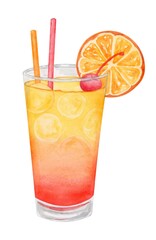Tequila sunrise cocktail watercolor hand drawn illustration. Drink clipart on white background.