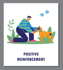 Poster with man giving delicacy to dog for doing commands flat style