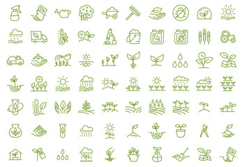 Growing seedlings. Set of icons. Plant shoots. Agriculture and gardener. Sowing seeds. Vector editable outline stroke.