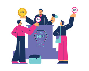 People buying NFT arts at auction flat style, vector illustration