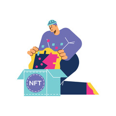 Man selling his art piece to NFT marketplace, abstract flat vector illustration isolated on white background.