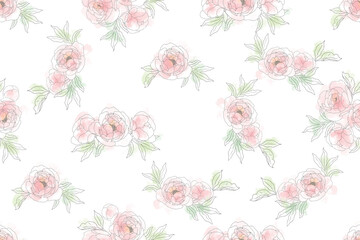 loose watercolor doodle line art peony flower bouquet seamless pattern