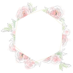 loose watercolor doodle line art peony flower bouquet wreath frame banner background