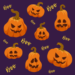 Set of Halloween cartoon pumpkins isolated icons.  Happy Halloween greeting card. Trick or treat party invitation.