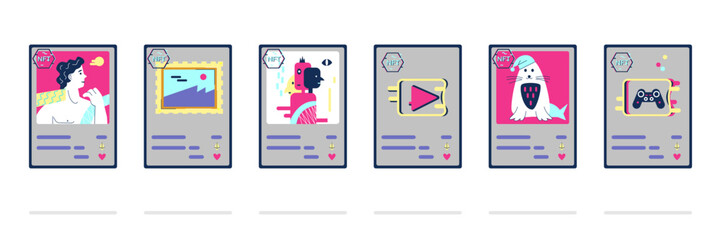 Exchange lot of non-fungible NFT tokens symbols, vector illustration isolated.