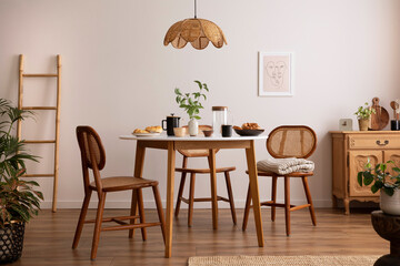 Boho and cozy space of dinning room with round family table, rattan chairs, design pedant lamp, commode, plants, decoration and personal accessories. Minimalist home decor. Template. 