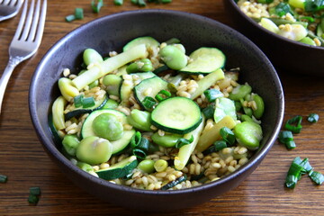 Dish of pearl barley, broad beans, beans and zucchini. Stewed vegetables with porridge. Vegetarian cooking