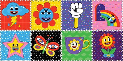 Hand drawn abstract funny cute comic characters sticker pack. Trendy cartoon badges and labels. Creative modern shapes. Comic doodle, psychedelic sticker, trendy retro elements. Butterfly, flower,