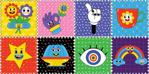 Hand drawn cartoon abstract groovy comic funny cheerful emoji characters sticker pack. Trendy cartoon Stamp and postage. Comic doodle, psychedelic sticker, Acidic stickers.Trendy retro cartoon element