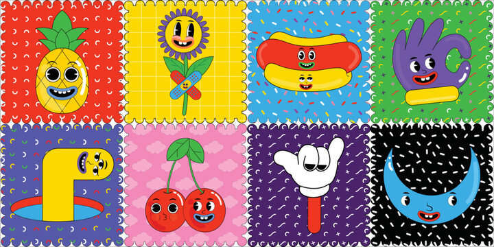 Hand drawn cartoon abstract groovy comic funny cheerful emoji characters sticker pack. Trendy cartoon badges and labels, Stamp, Postage. Comic doodle, psychedelic sticker, Acidic stickers.
