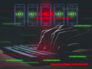 Fingers are typing data on the keyboard. hack security information to steal financial transaction data from mobile phones that are not secured or have poor protection