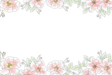 watercolor line art pink rose flower bouquet wreath frame minimal banner background