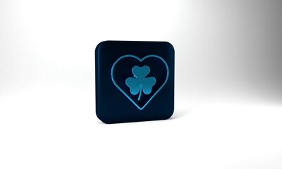 Blue Heart with clover trefoil leaf icon isolated on grey background. Happy Saint Patricks day. National Irish holiday. Blue square button. 3d illustration 3D render