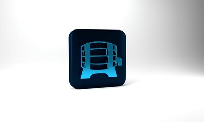 Blue Wooden barrel on rack with stopcock icon isolated on grey background. Blue square button. 3d illustration 3D render
