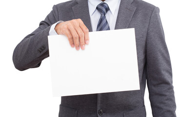 Businessman hands holding white cardboard isolated