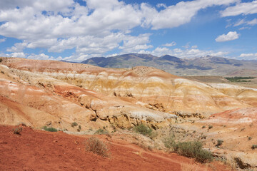Mountain, red peaks on a sunny day. Mountainous area in Altai, Russia.	