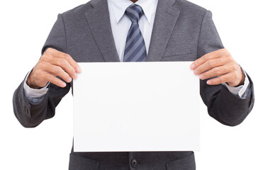 Businessman hands holding white cardboard isolated