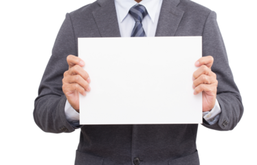 Businessman hands holding white cardboard isolated